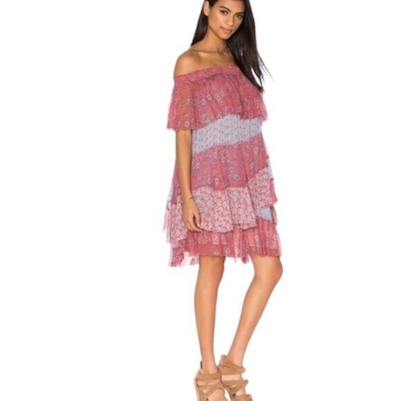 Rebecca Taylor Silk Off Shoulder Patchwork Mini Dress Mermaid Size S - Picture 3 of 15